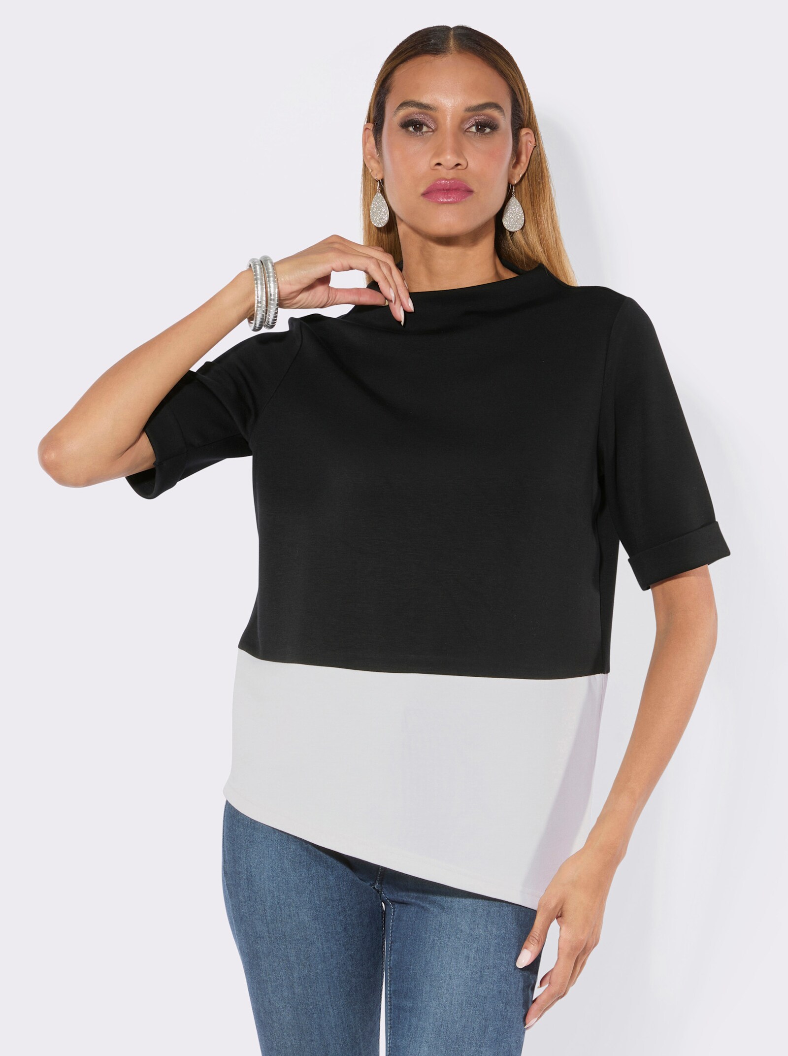 Sweatshirt mit Kelchkragen - schwarz-ecru
