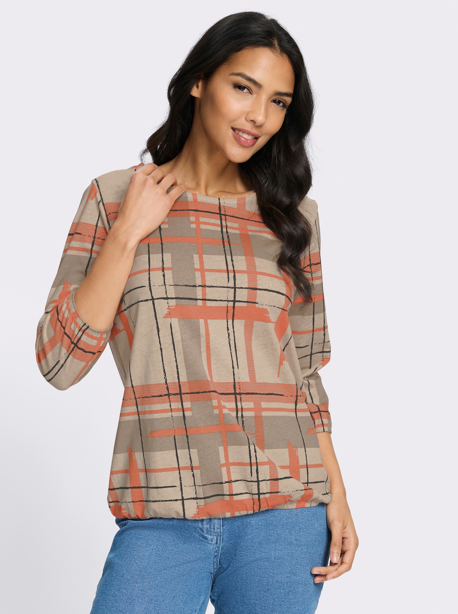 3/4-Arm-Shirt mit grafischem Allover-Druck - sand-papaya-bedruckt