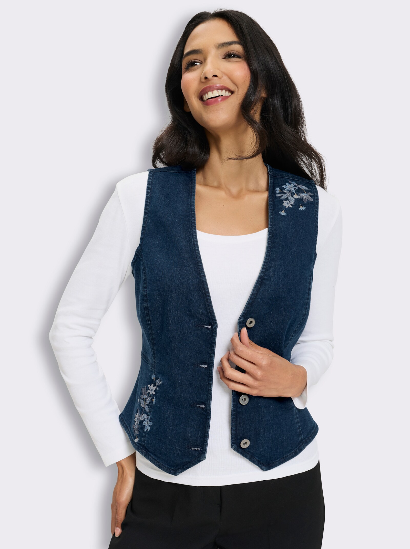 Jeansweste mit Blüten-Stickereien - blue-stone-washed