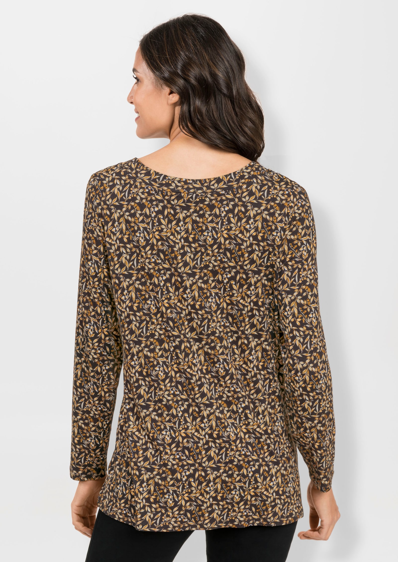 Tunikashirt mit Raffung am Ausschnitt - graphit-ocker-bedruckt