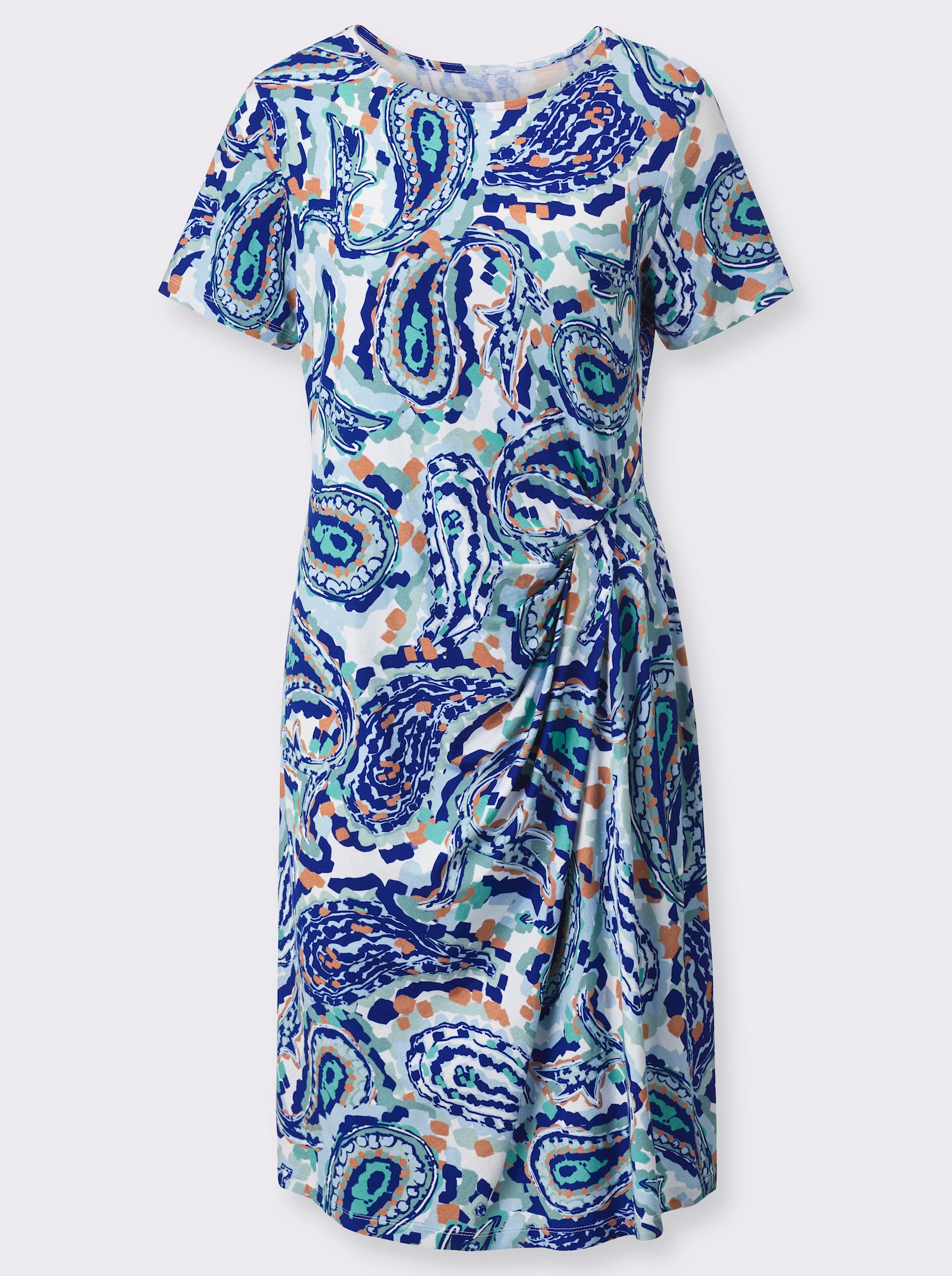 Jerseykleid mit Raffungen - ecru-kalkmint-bedruckt