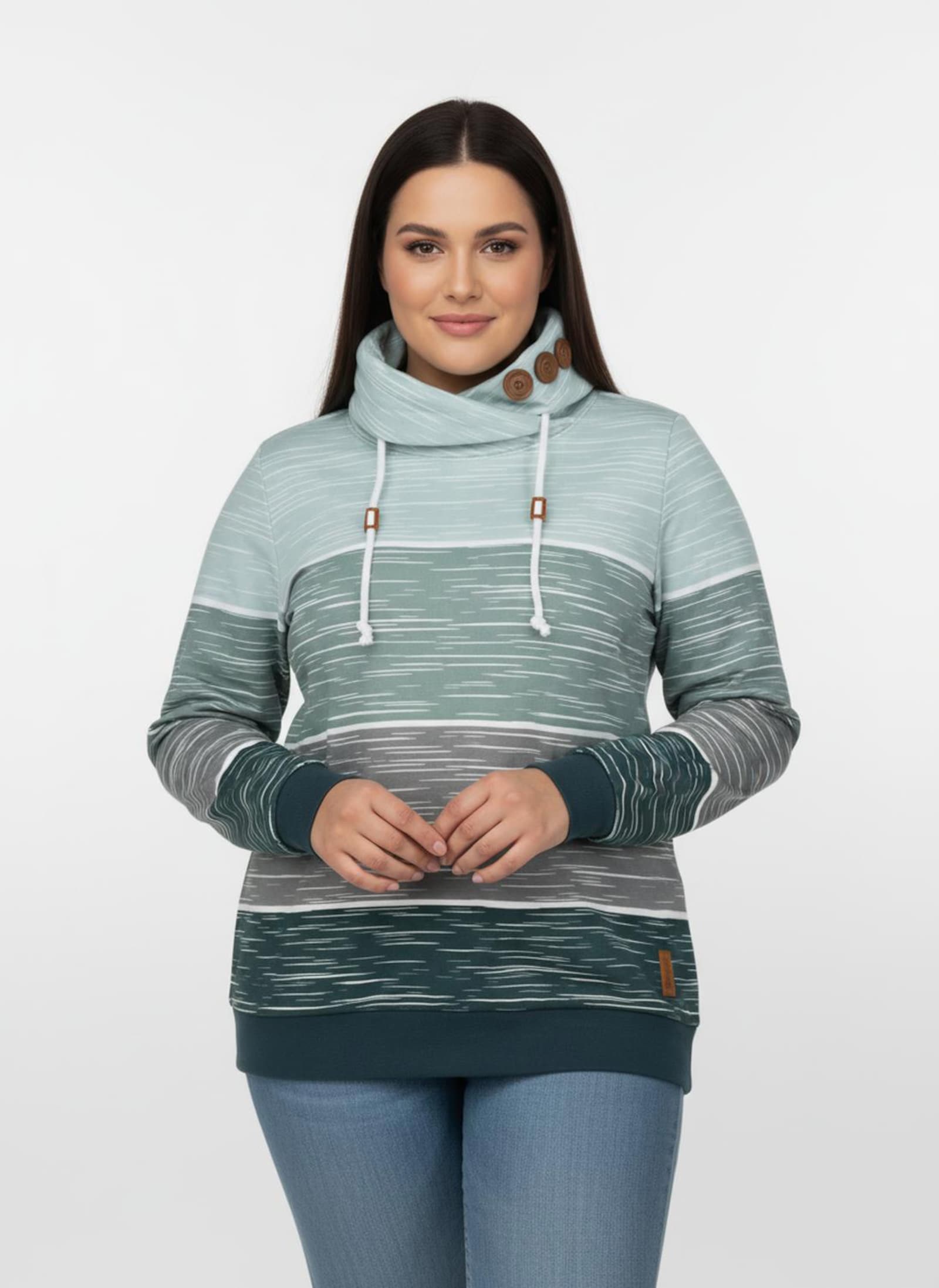 Sweatshirt mit Zierknöpfen am Kragen - petrol-kalkmint-bedruckt