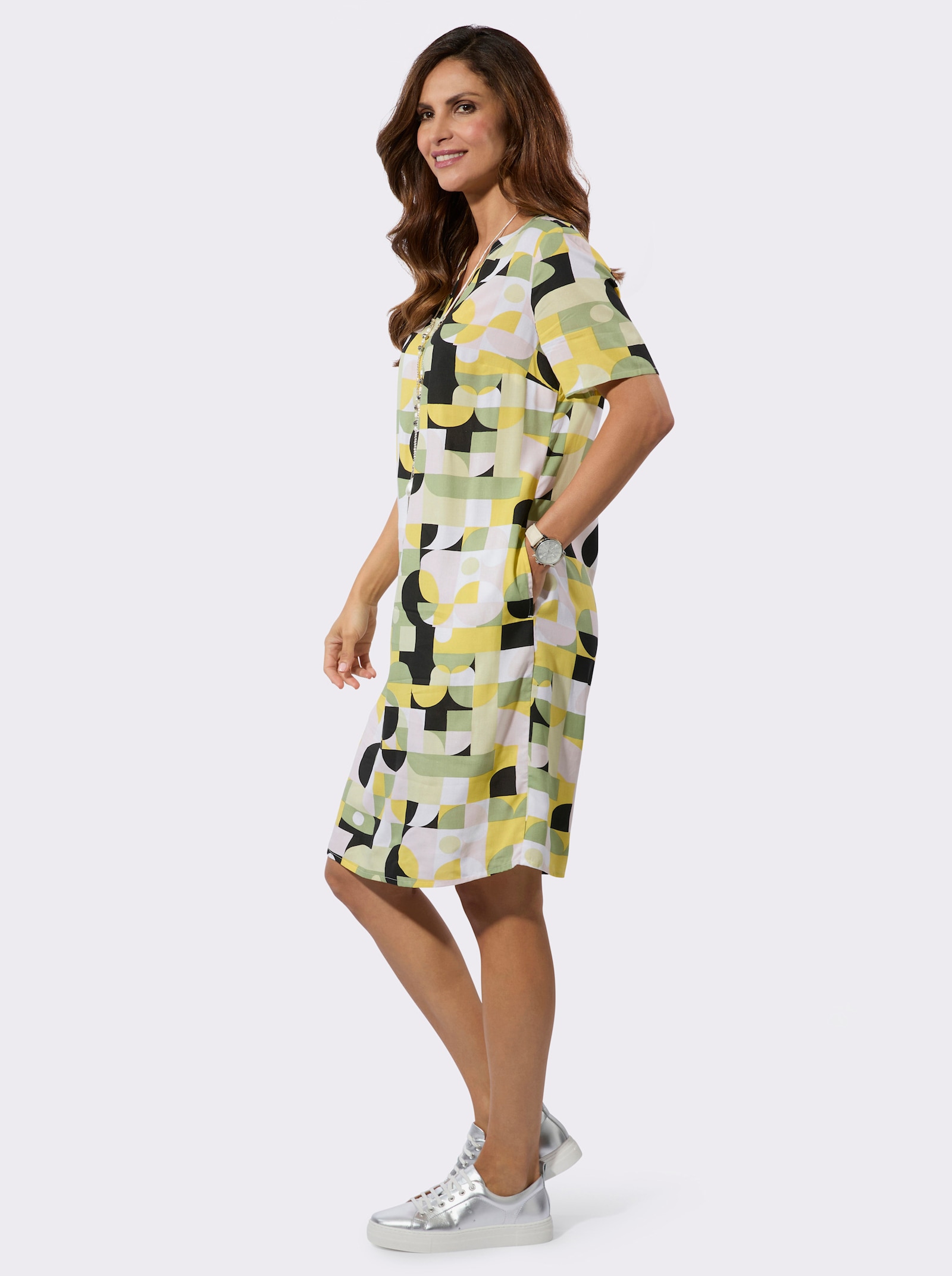 Druckkleid in Viskose-Web-Qualität - pistazie-schwarz-bedruckt