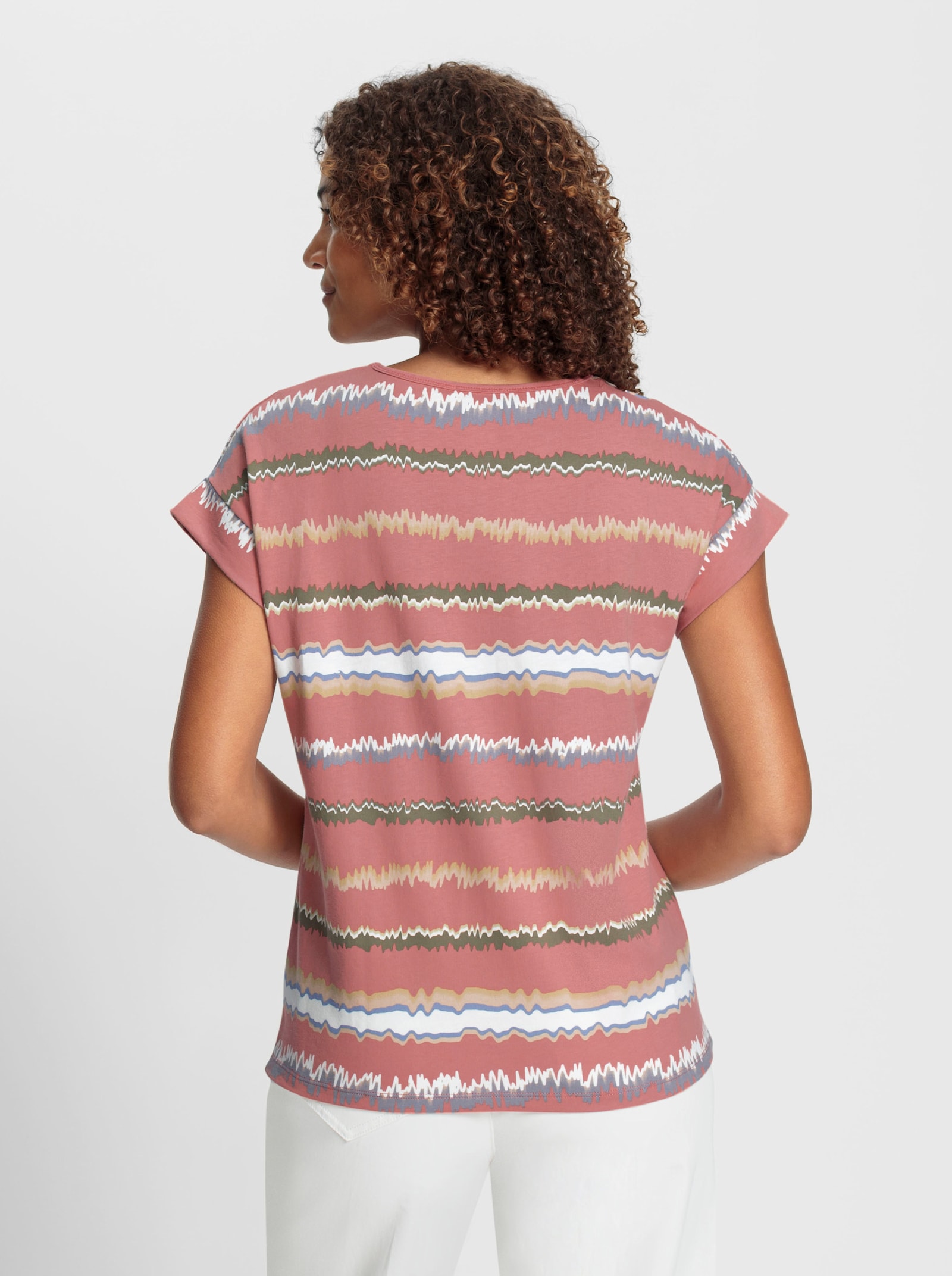 Print-Shirt mit Ziernähten, geringelt - rosenholz-ecru-bedruckt