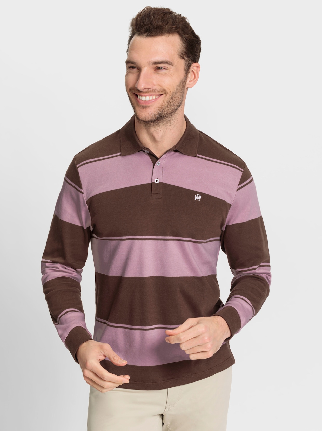 Marco Donati Poloshirt met lange mouwen - chocolade/mauve gestreept