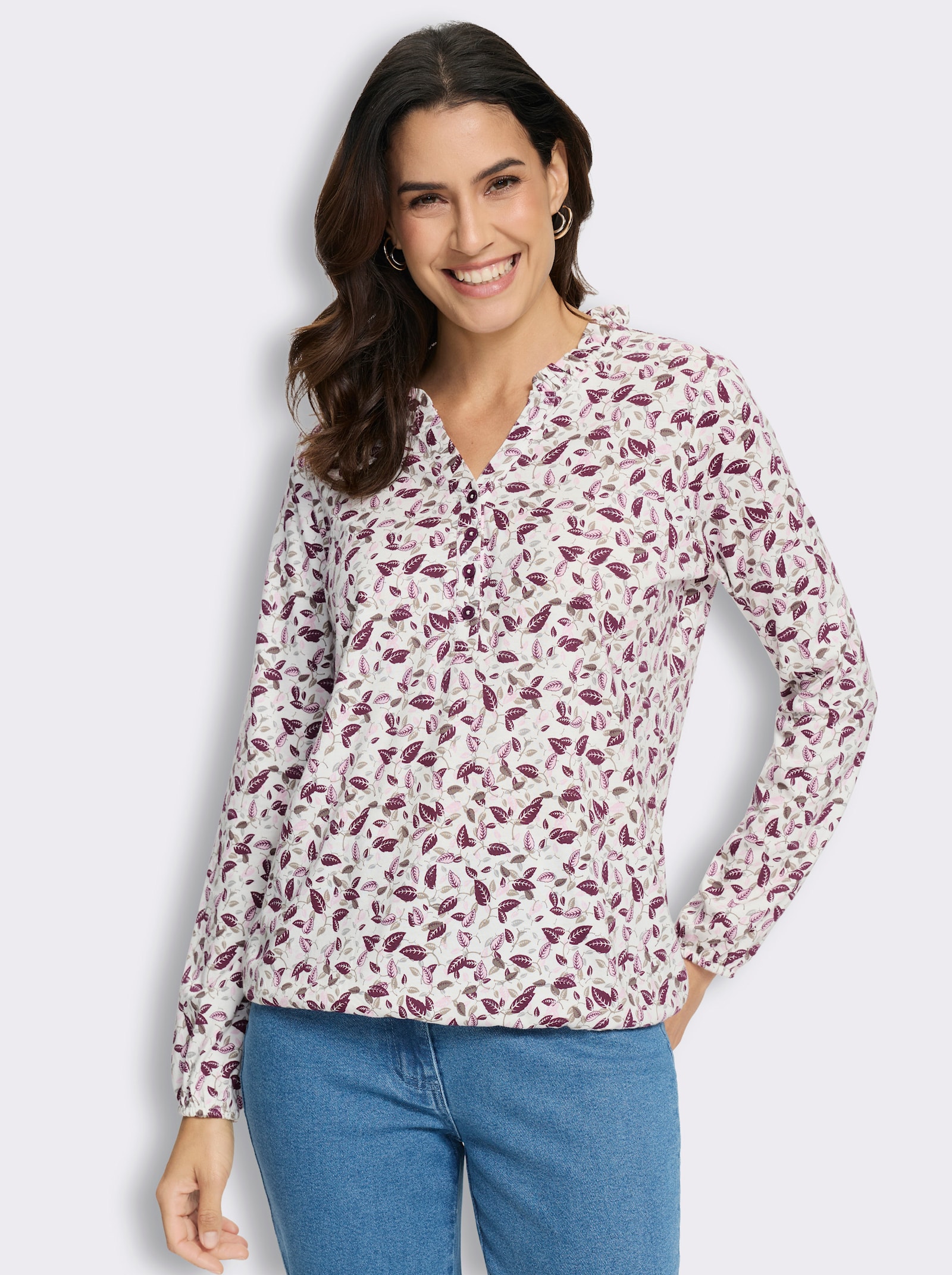 Print-Shirt im Blätter-Dessin - ecru-burgund