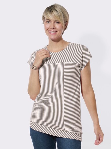 Rundhalsshirt mit asymmetrischem Saum - sesam-weiß-geringelt