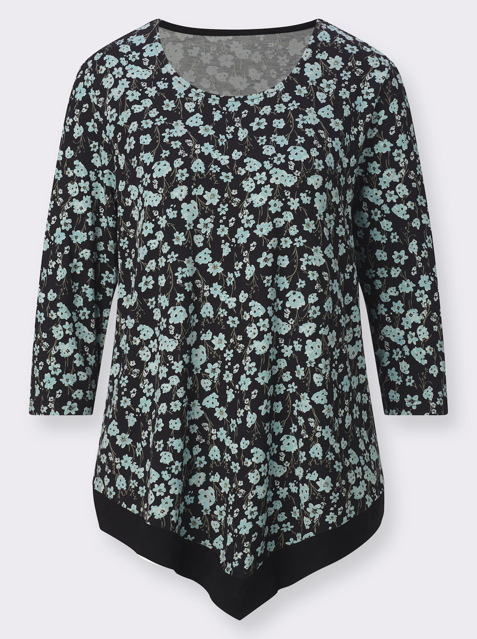 3/4-Arm-Shirt mit spitz zulaufendem Saum - schwarz-salbei-bedruckt