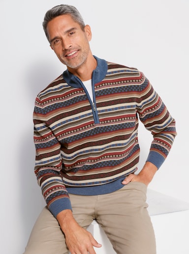 Stehkragenpullover im Norweger-Strickmuster - jeansblau-gemustert