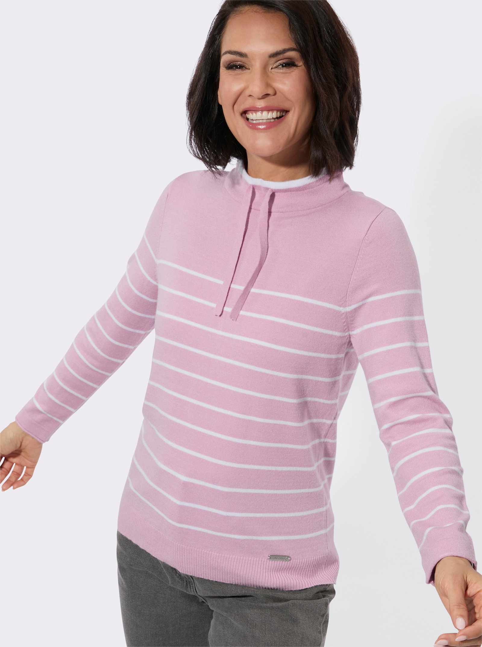 Stehkragenpullover mit sportiven Details - rosé-ecru-geringelt