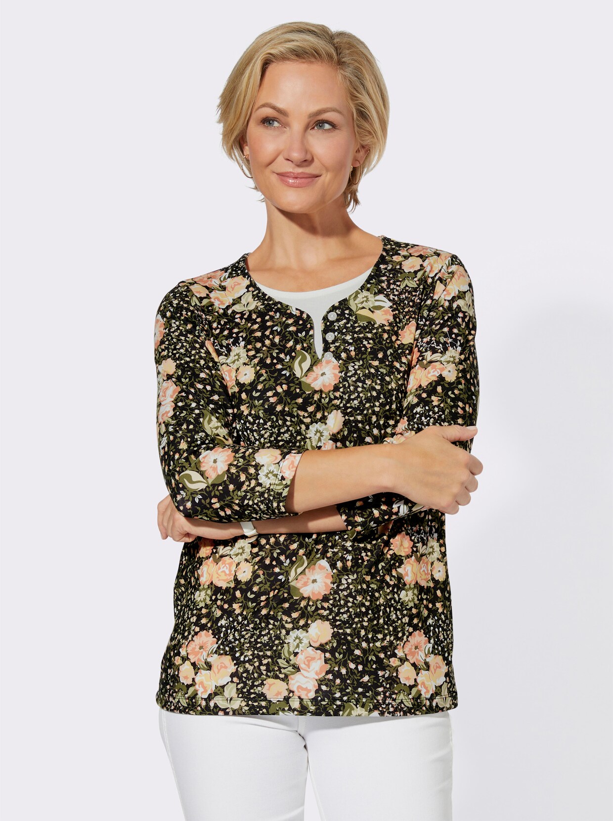 Shirt met 3/4-mouw - zwart/apricot bedrukt