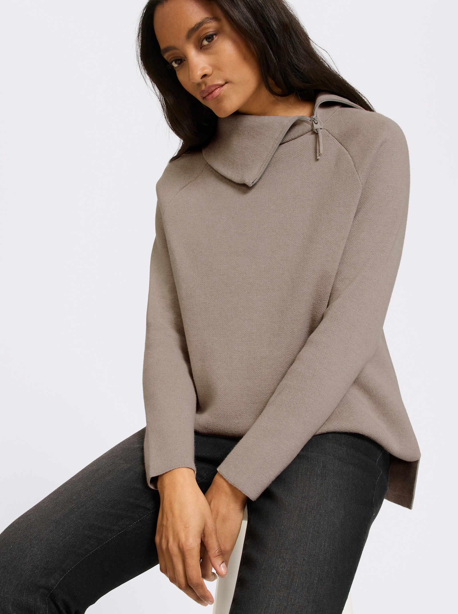 heine Langarm-Pullover mit Reißverschluss - sesam-meliert