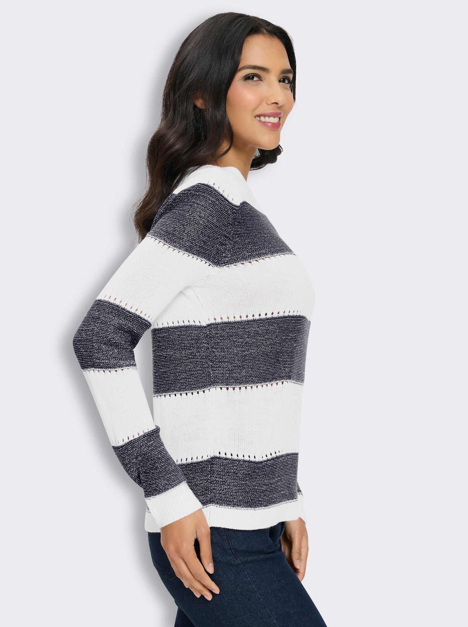 Langarm-Pullover mit Glanzgarn, Streifen-Muster - marine-ecru-gemustert