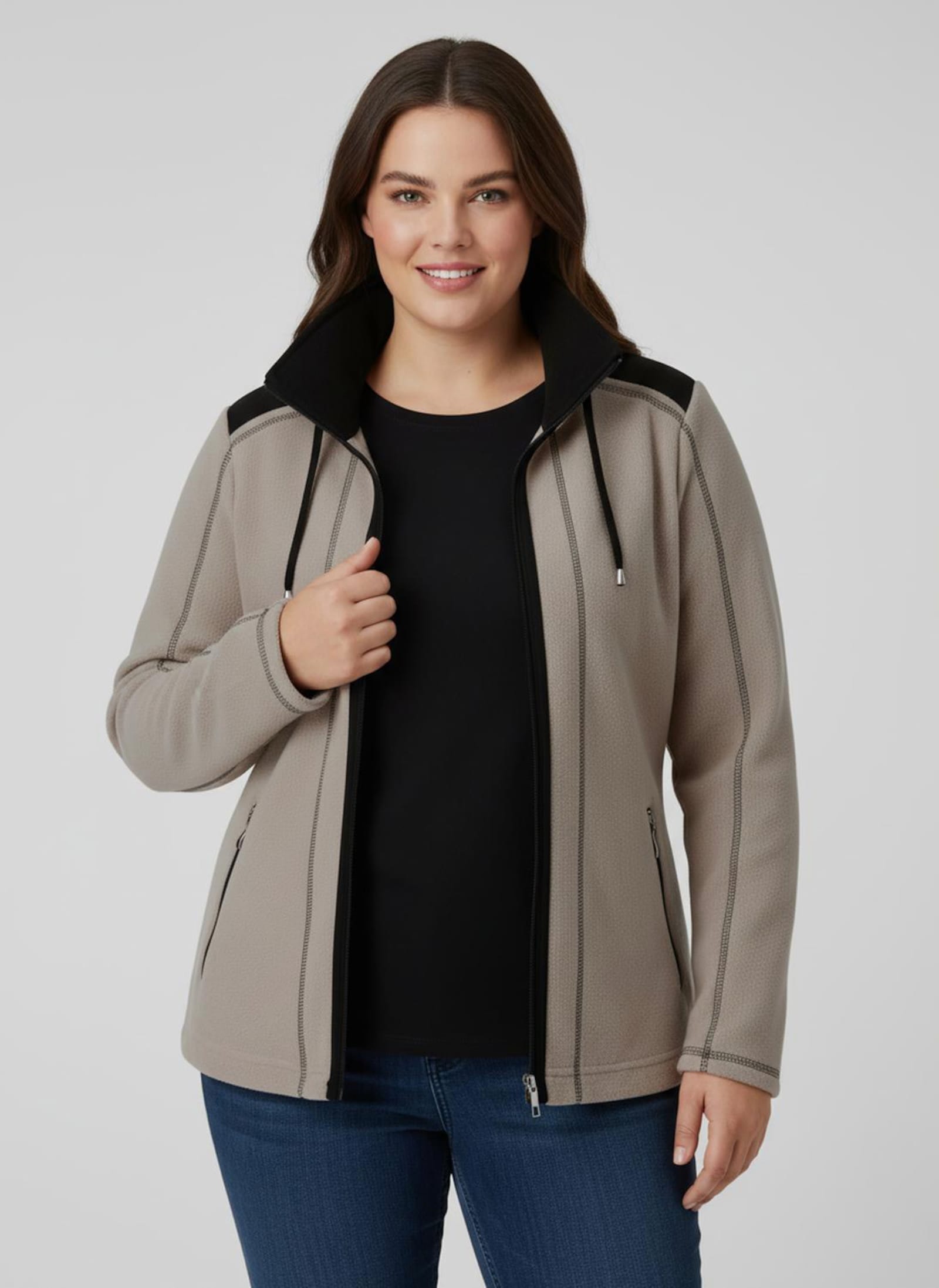 Fleecejacke mit Kontraststreifen - beige-schwarz