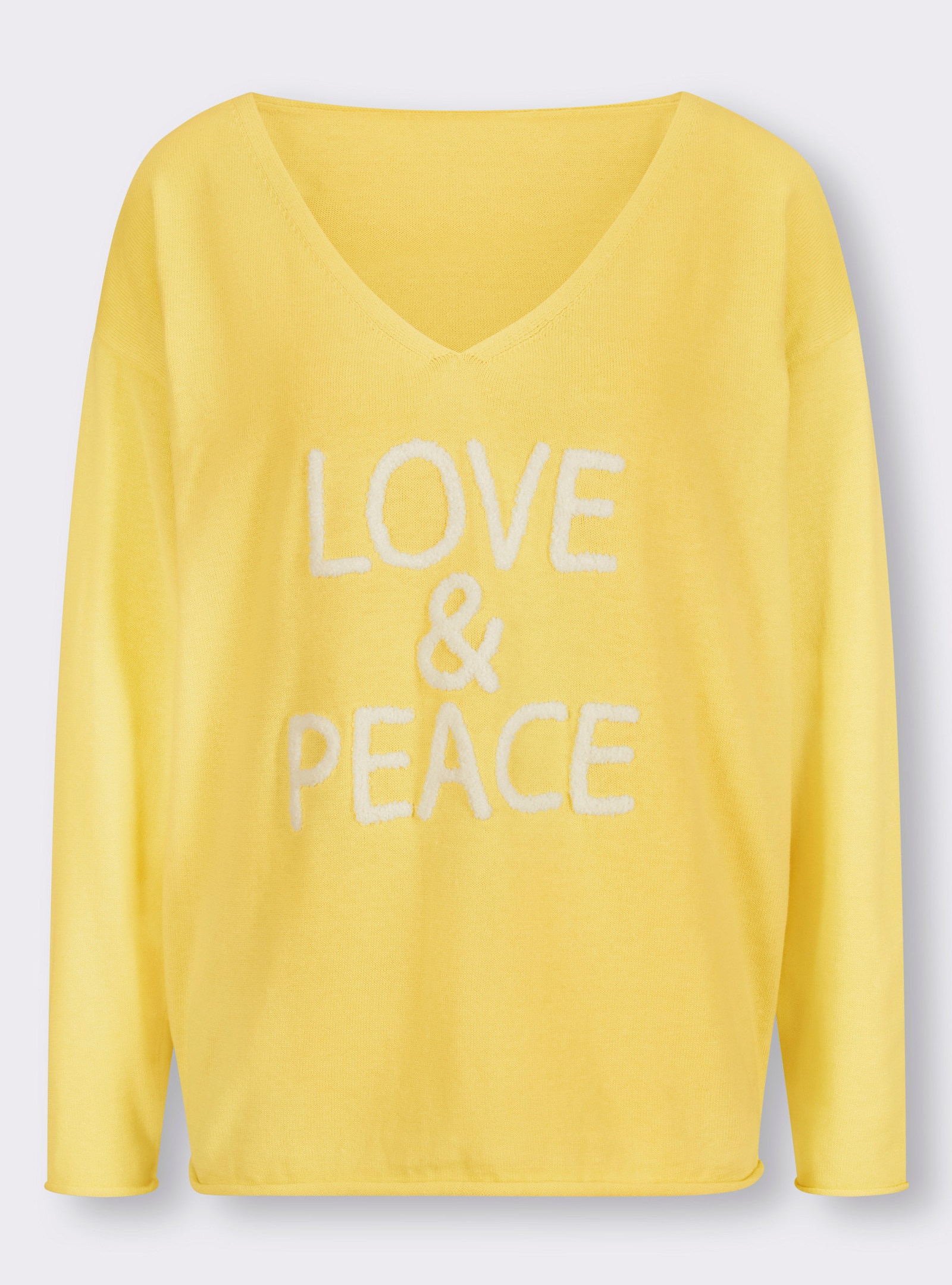 heine Pullover met V-hals en met opschrift van pluisgaren - citroen bedrukt