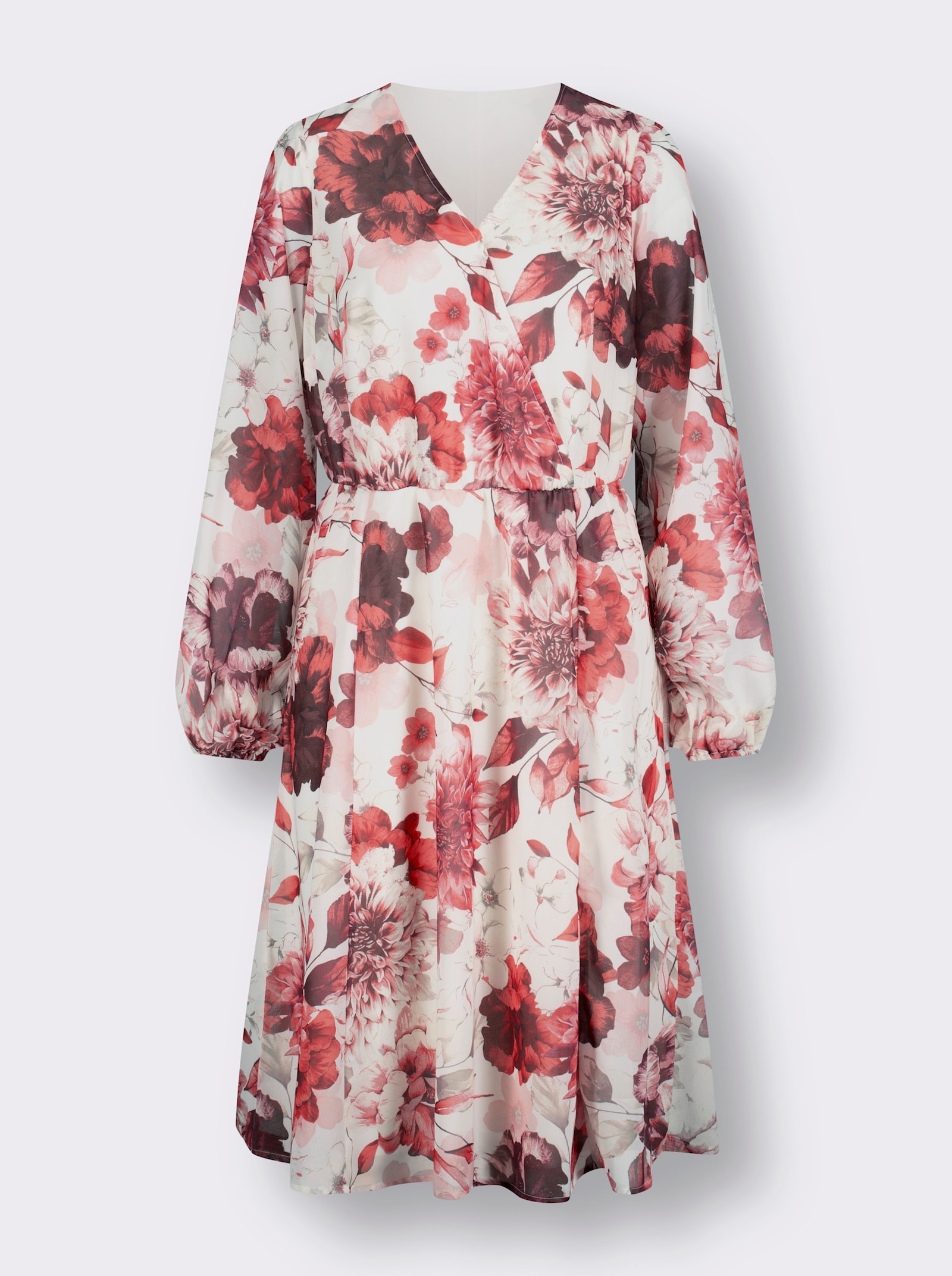 Druckkleid mit Ballonärmeln - champagner-burgund-bedruckt