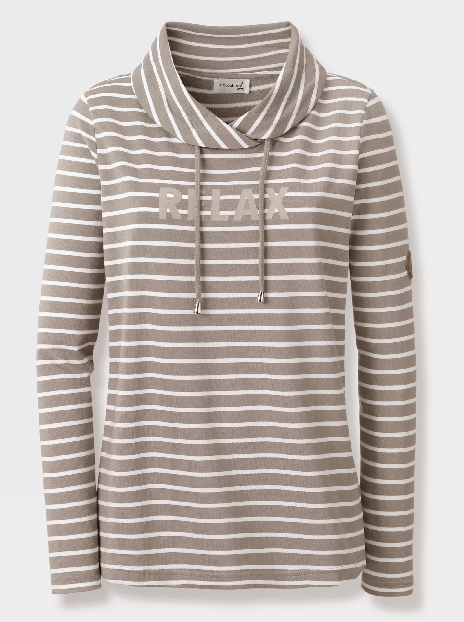 Sweatshirt mit regulierbarem Rollkragen - taupe-weiß-geringelt