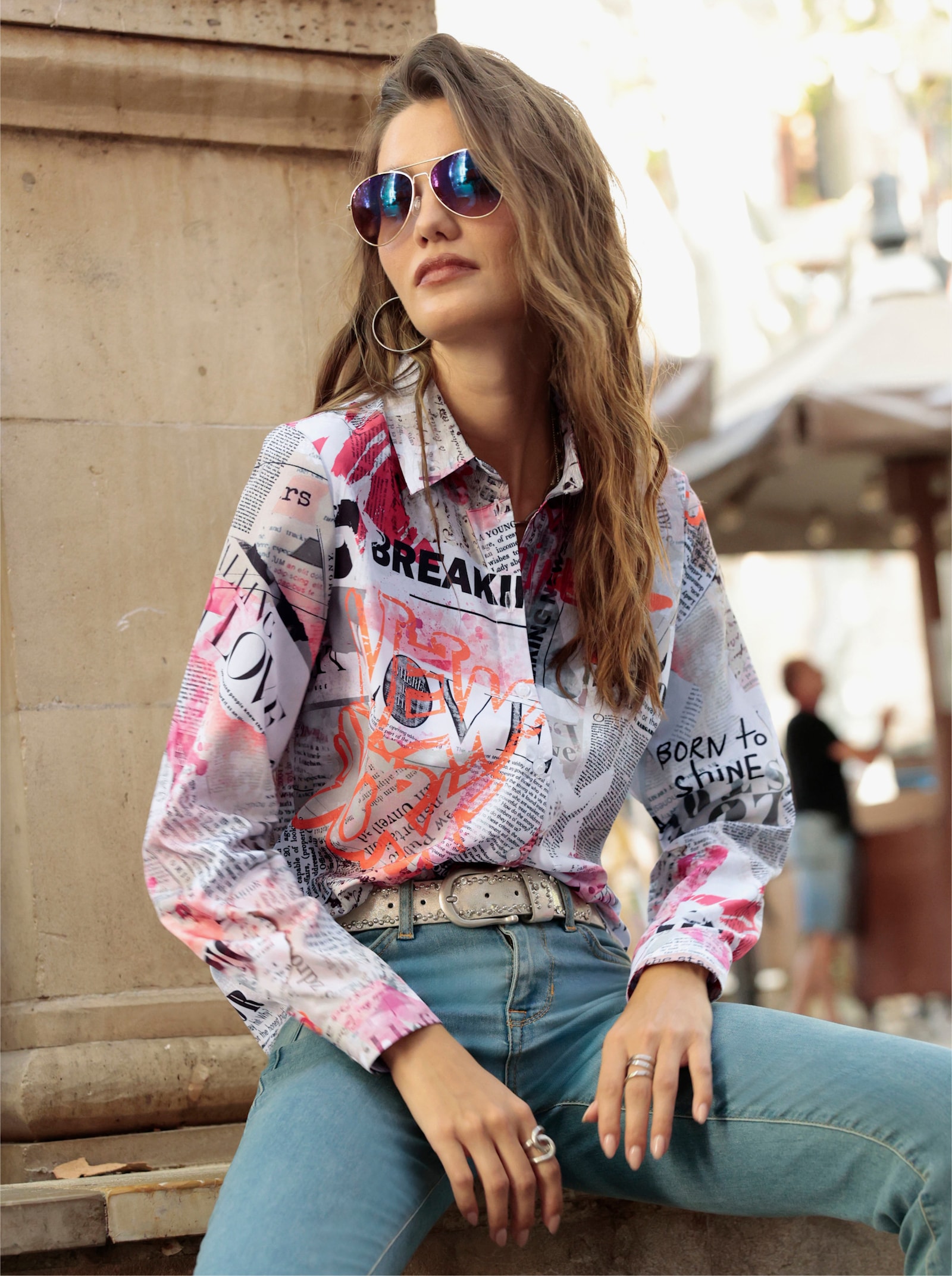 Druckbluse mit Hemdkragen - ecru-hummer-bedruckt