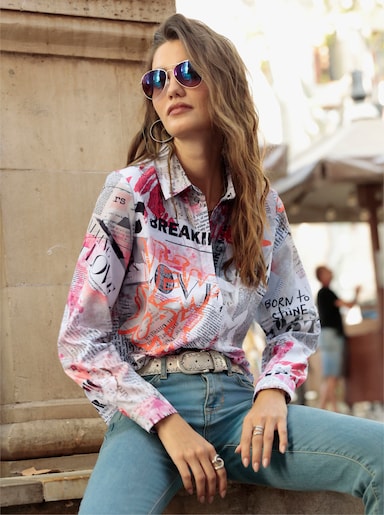 Druckbluse mit Hemdkragen - ecru-hummer-bedruckt