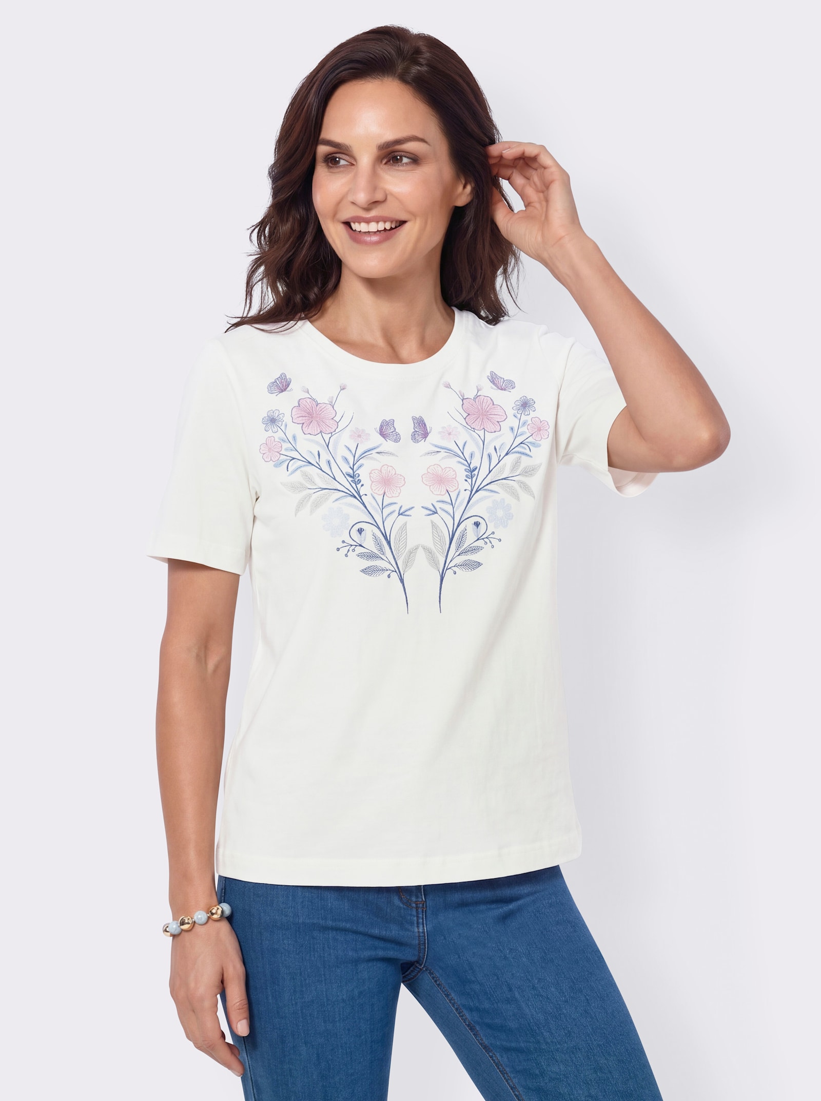 Kurzarmshirt mit Blüten- und Schmetterlingsmotiv - ecru