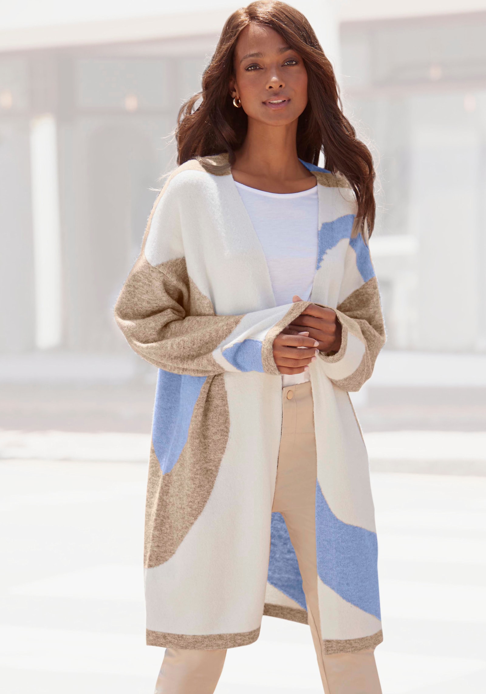 LASCANA Longstrickjacke - creme-beige-blau