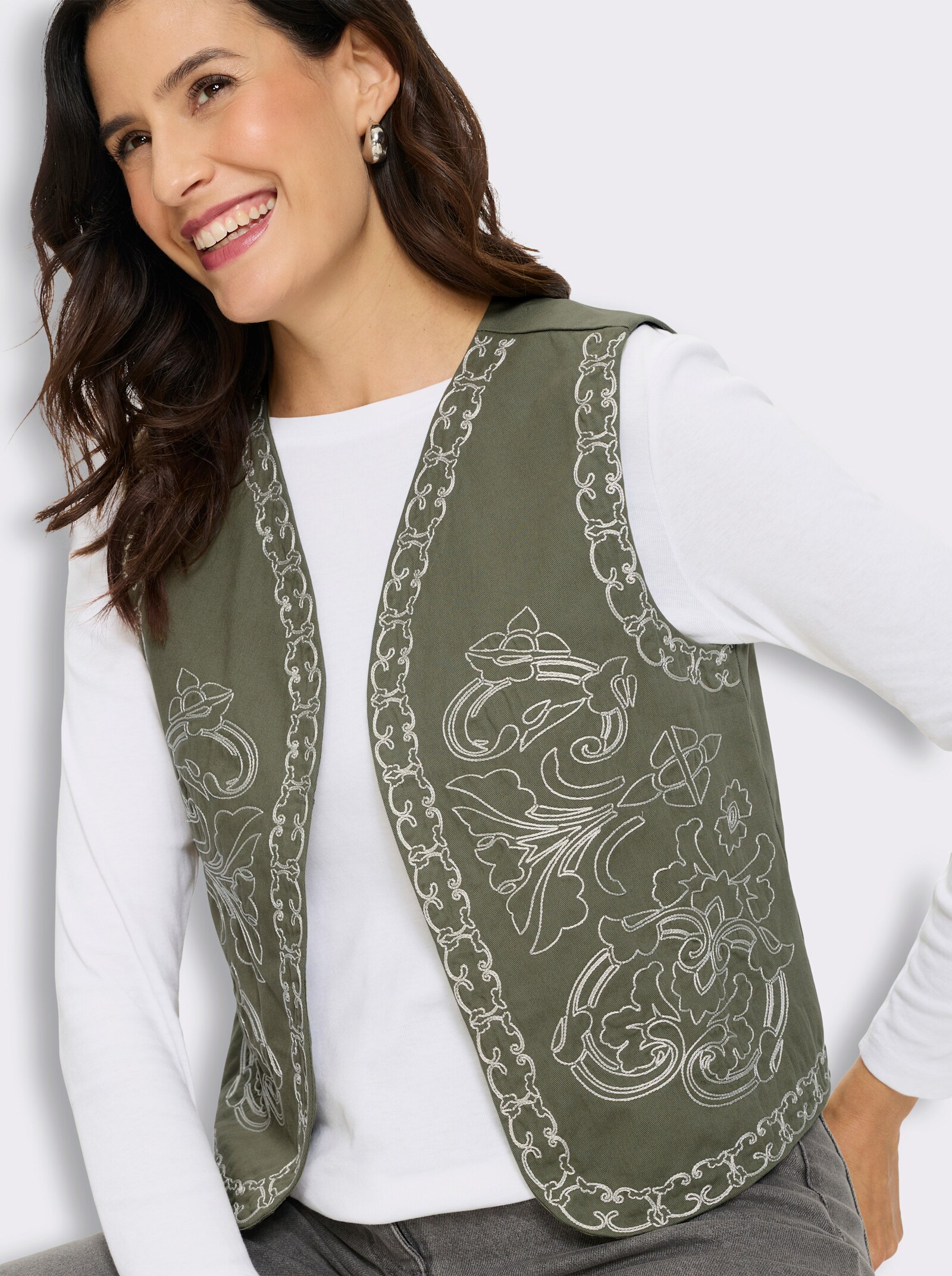 Jeansweste mit Kontrast-Stickerei - khaki-champagner-gemustert