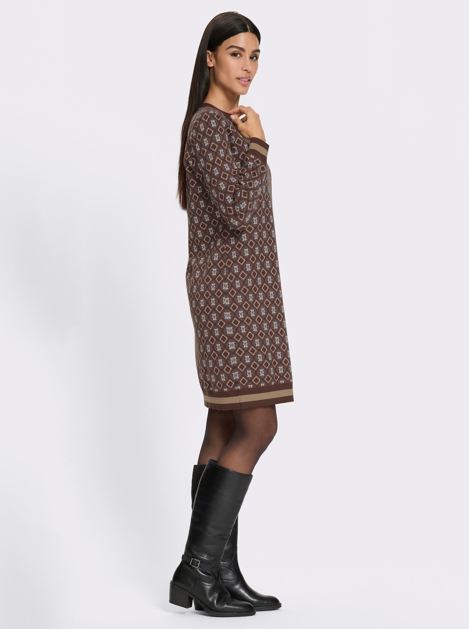 heine Strickkleid Mit Rauten-Dessin - schoko-rauchblau-gemustert