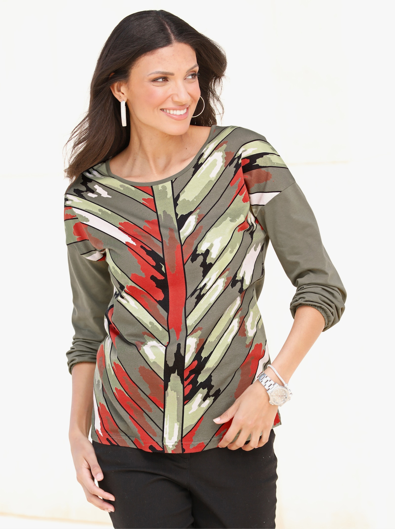 Langarmshirt mit Druck im Vorderteil - khaki-rostrot-bedruckt