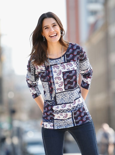 Langarmshirt im Patchwork-Dessin - marine-bedruckt