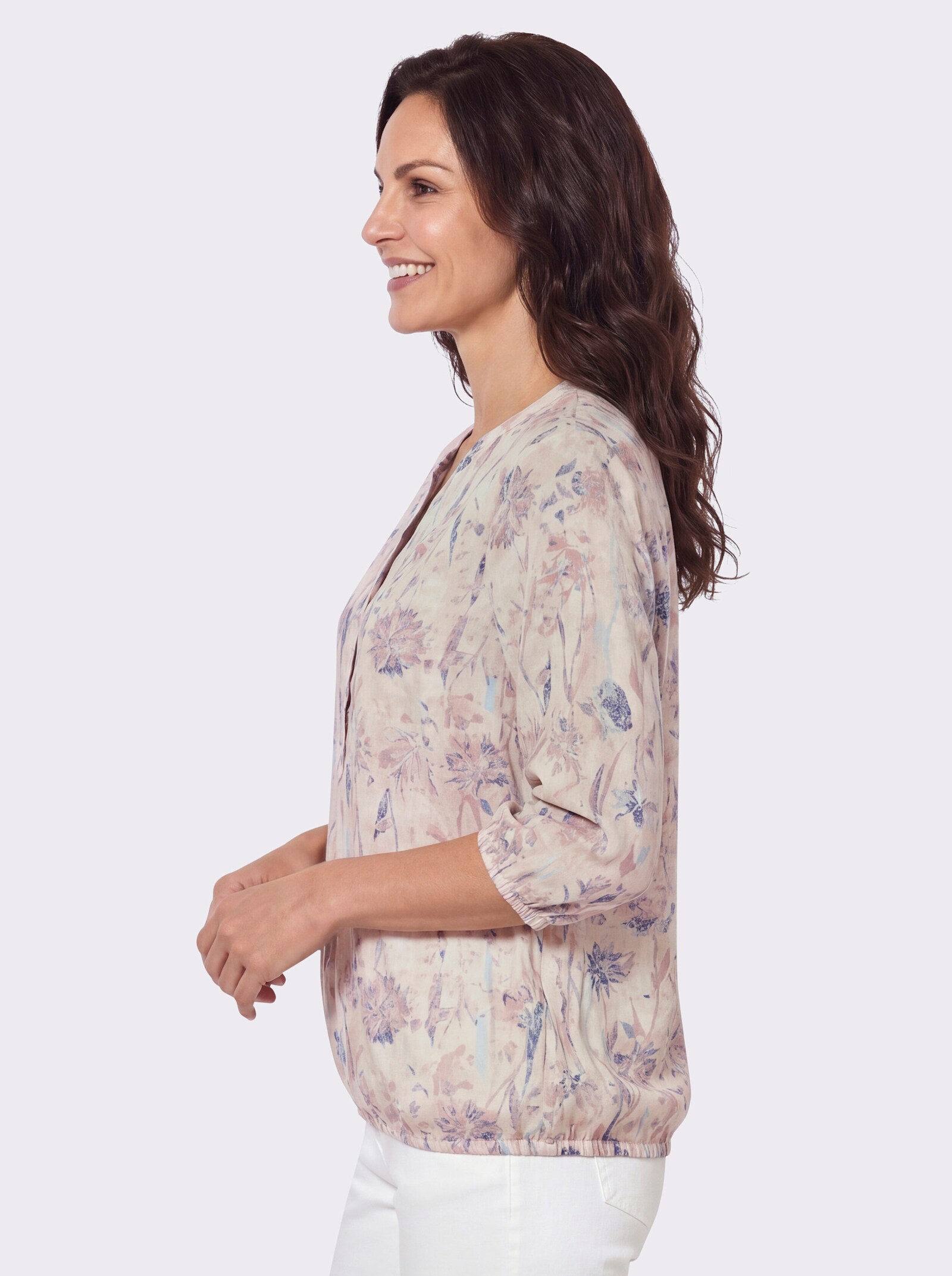 Druckbluse mit Gummizug am Abschluss - sand-bleu-bedruckt