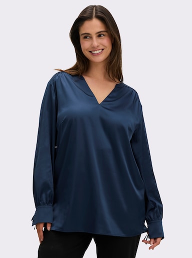 sheego Tunika aus Satin, mit Ärmel-Bindebändchen - dunkelblau