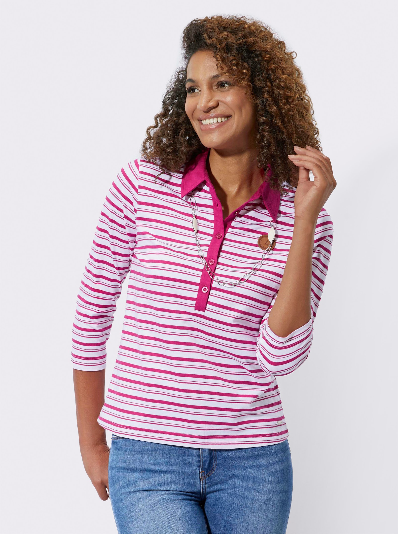 Poloshirt mit Logo-Patch - fuchsia-weiß-geringelt