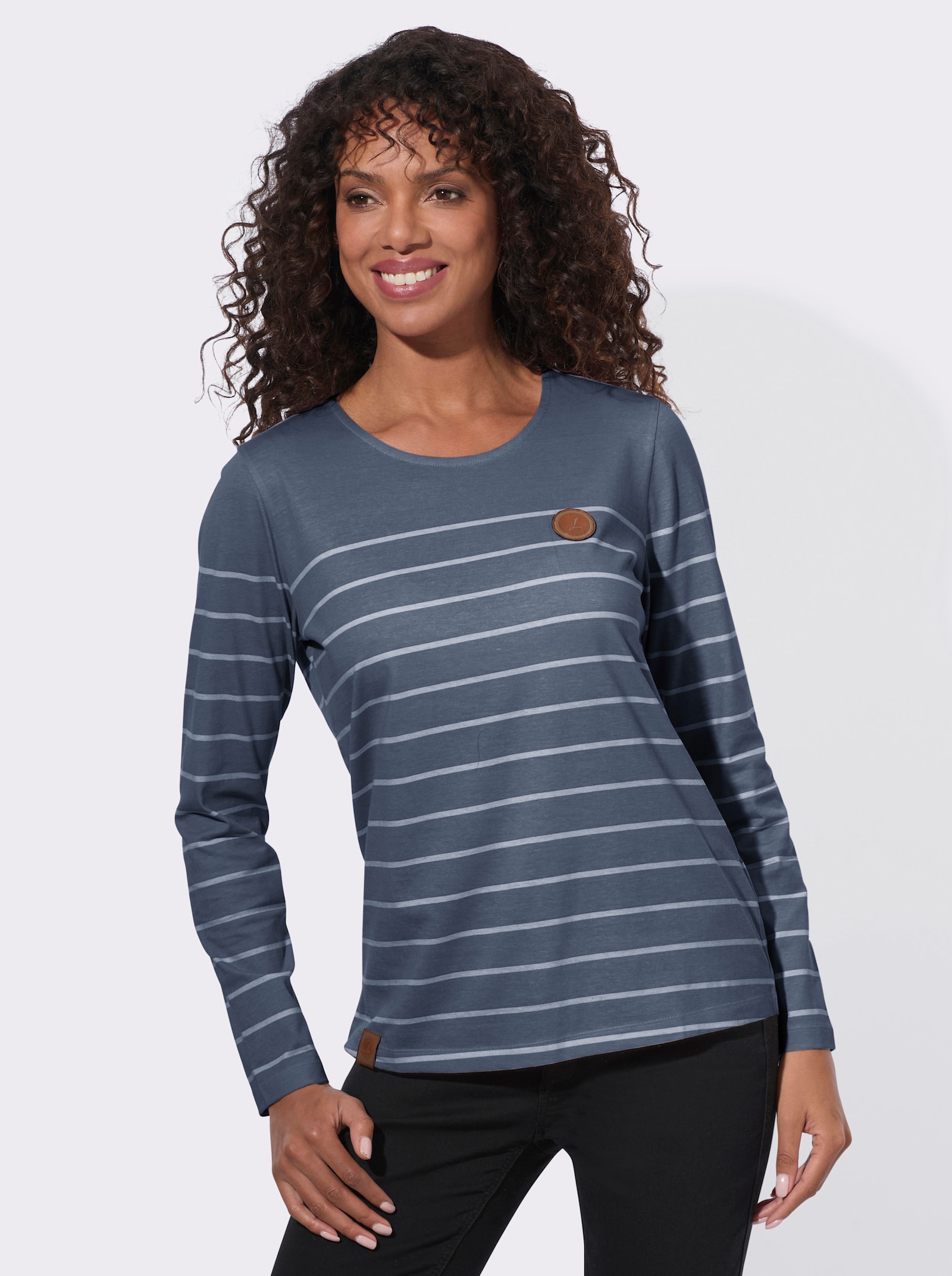 Ringelshirt aus reiner Baumwolle - rauchblau-ecru
