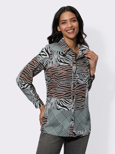 Druckbluse in Patchwork-Optik - schwarz-cognac-bedruckt