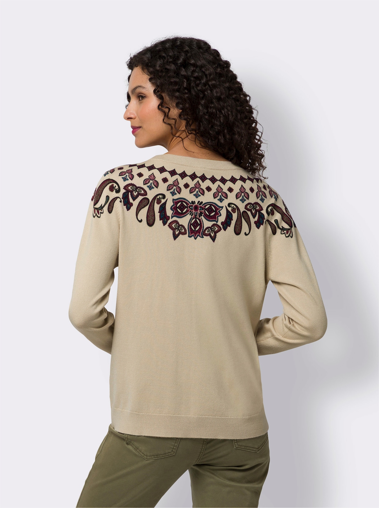 heine Pullover met ronde hals - zand/bordeaux bedrukt