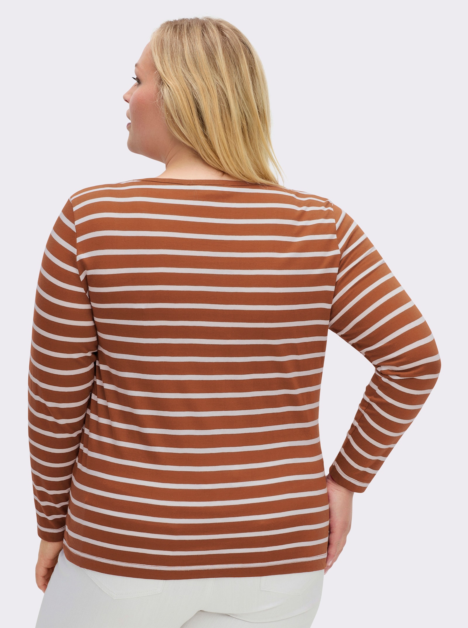 Ringelshirt mit Lederimitat-Patches - cognac-ecru-gestreift