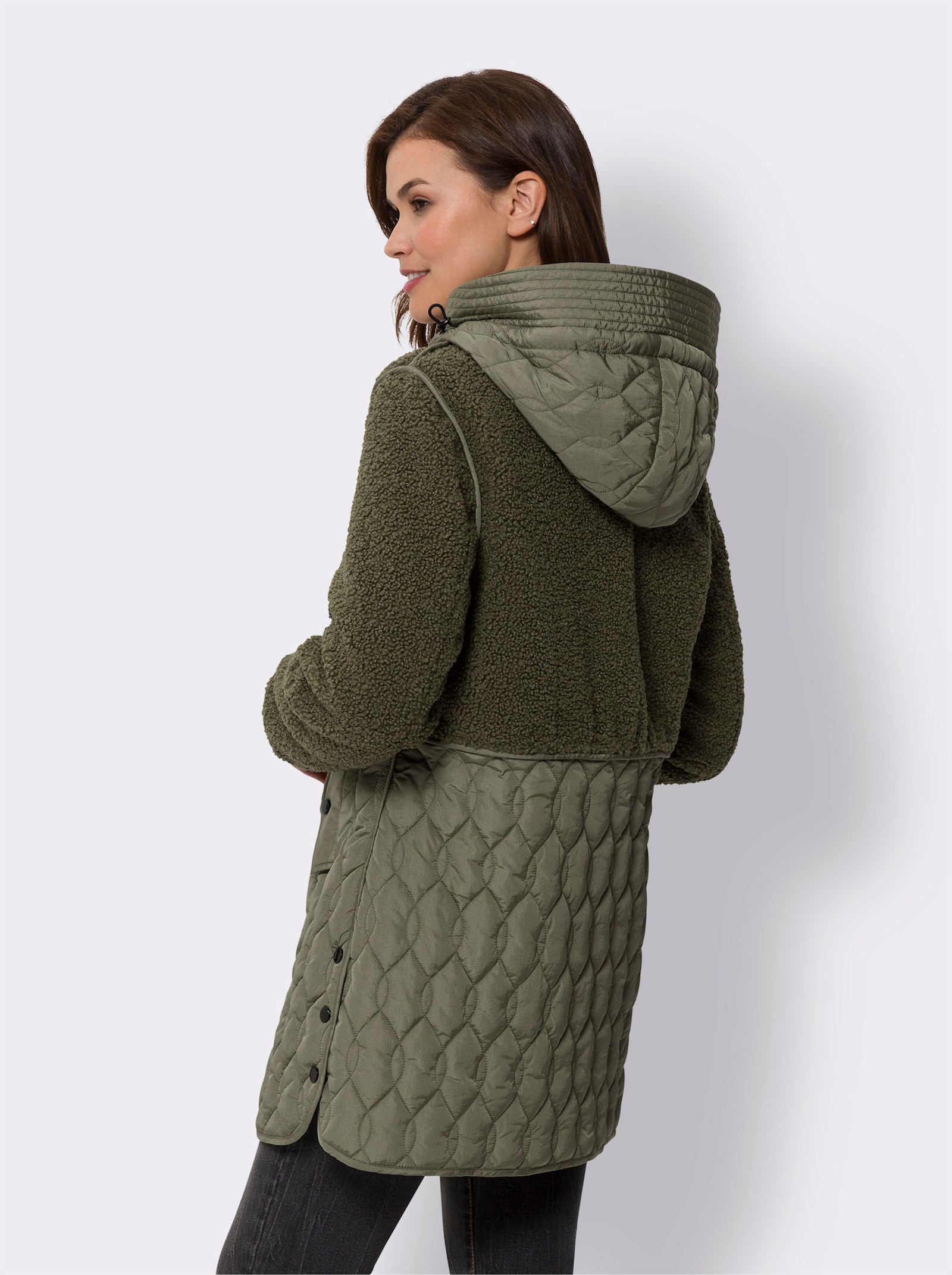 heine Longjacke Materialmix aus Teddy und Stepp - khaki