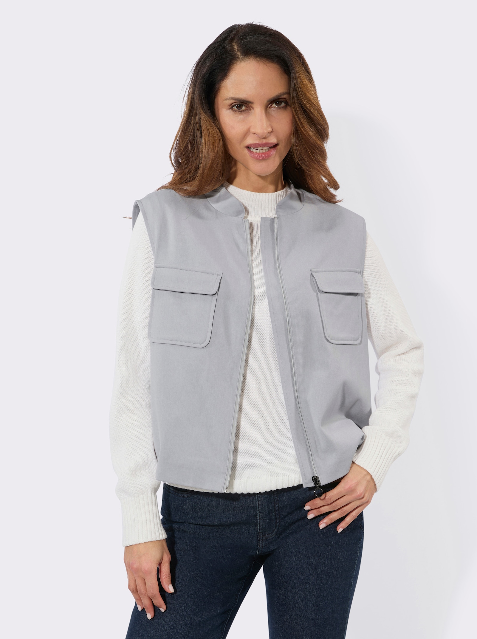 Kurzweste mit aufgesetzten Pattentaschen - grau-meliert