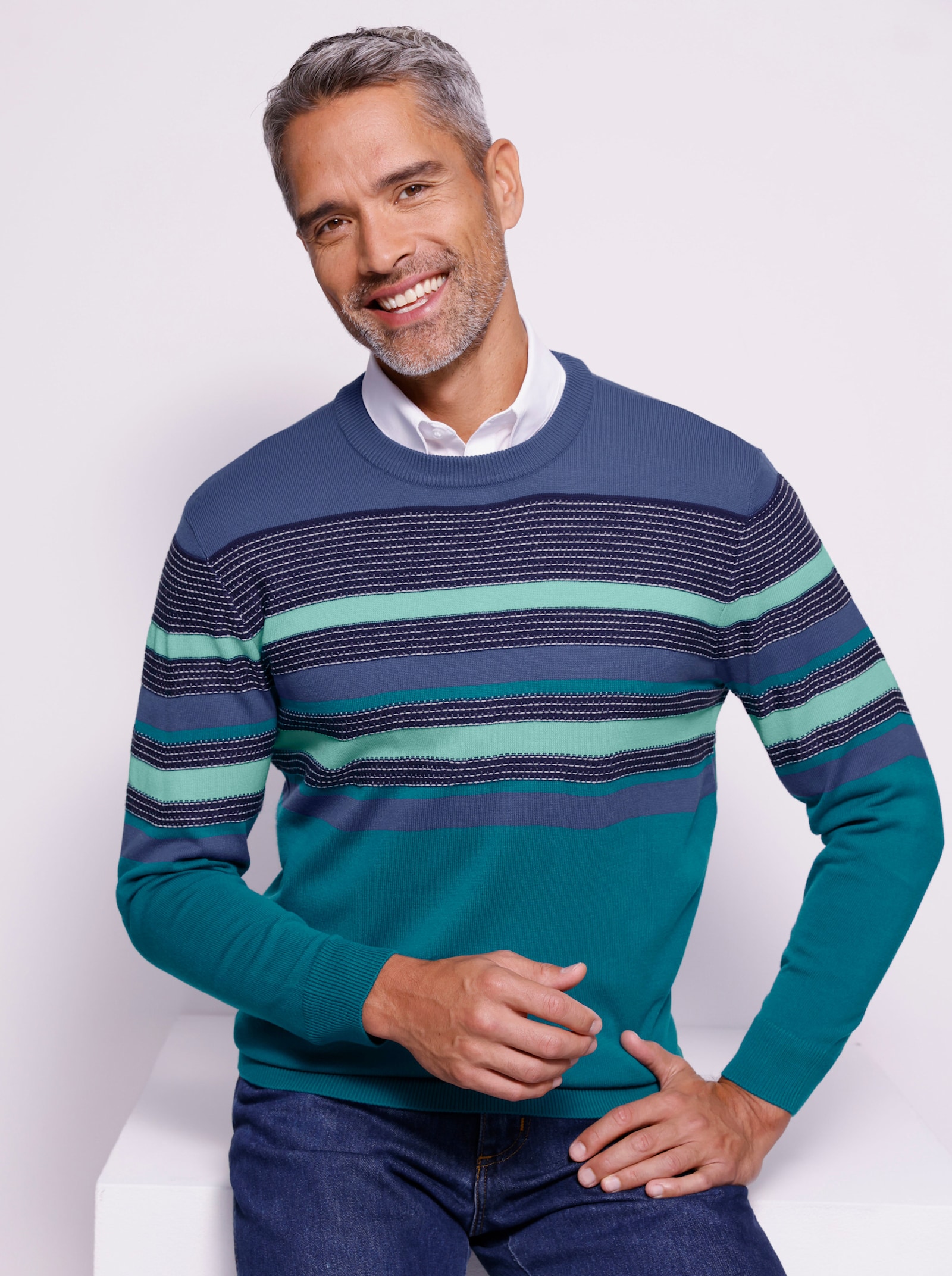 Pulóver, okrúhly výstrih, pletené pruhy - Džínsovo modro-petrolejové pruhy