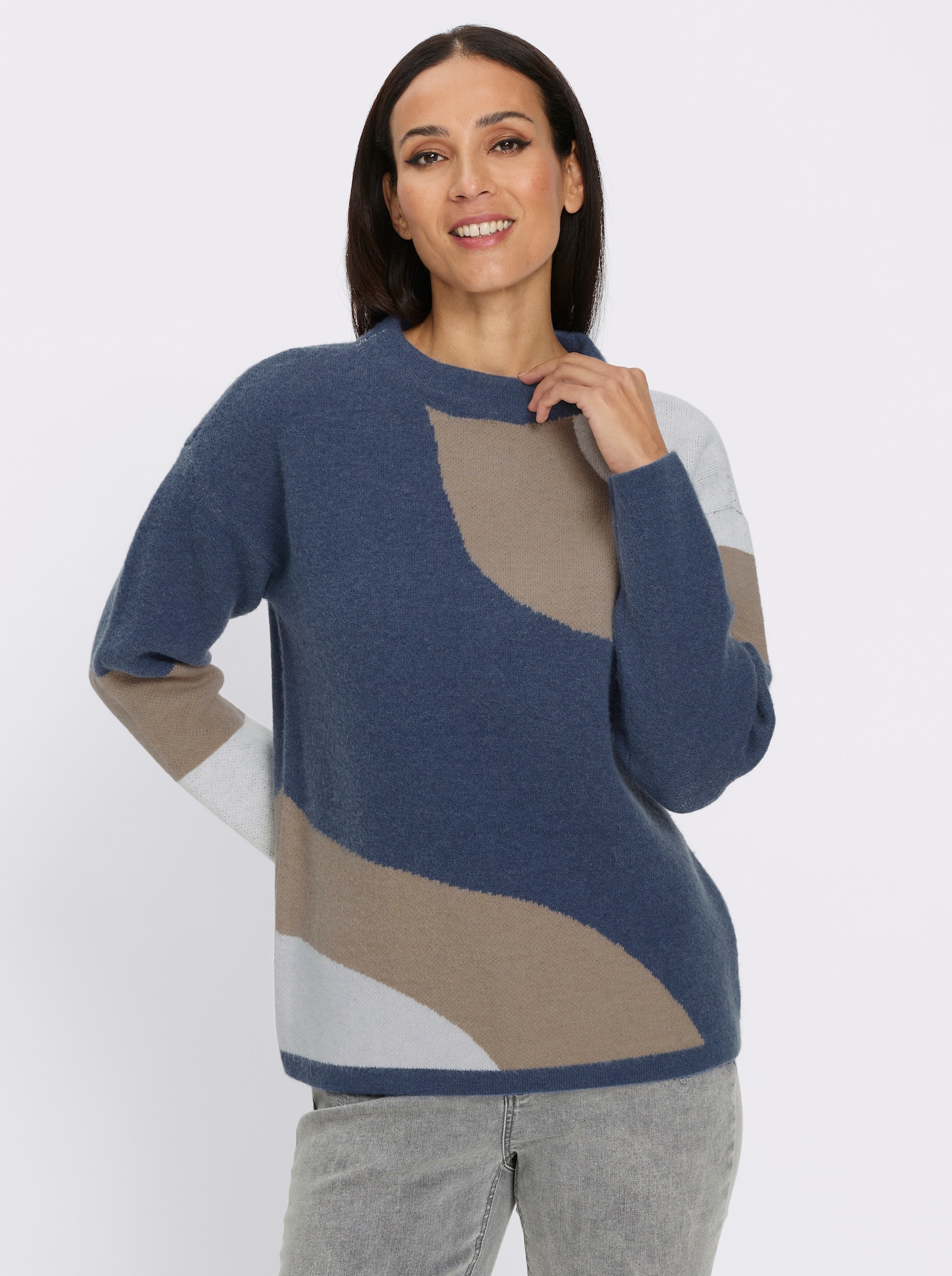 heine Pullover van jacquard met oversized schouders - ecru/rookblauw gedessineerd