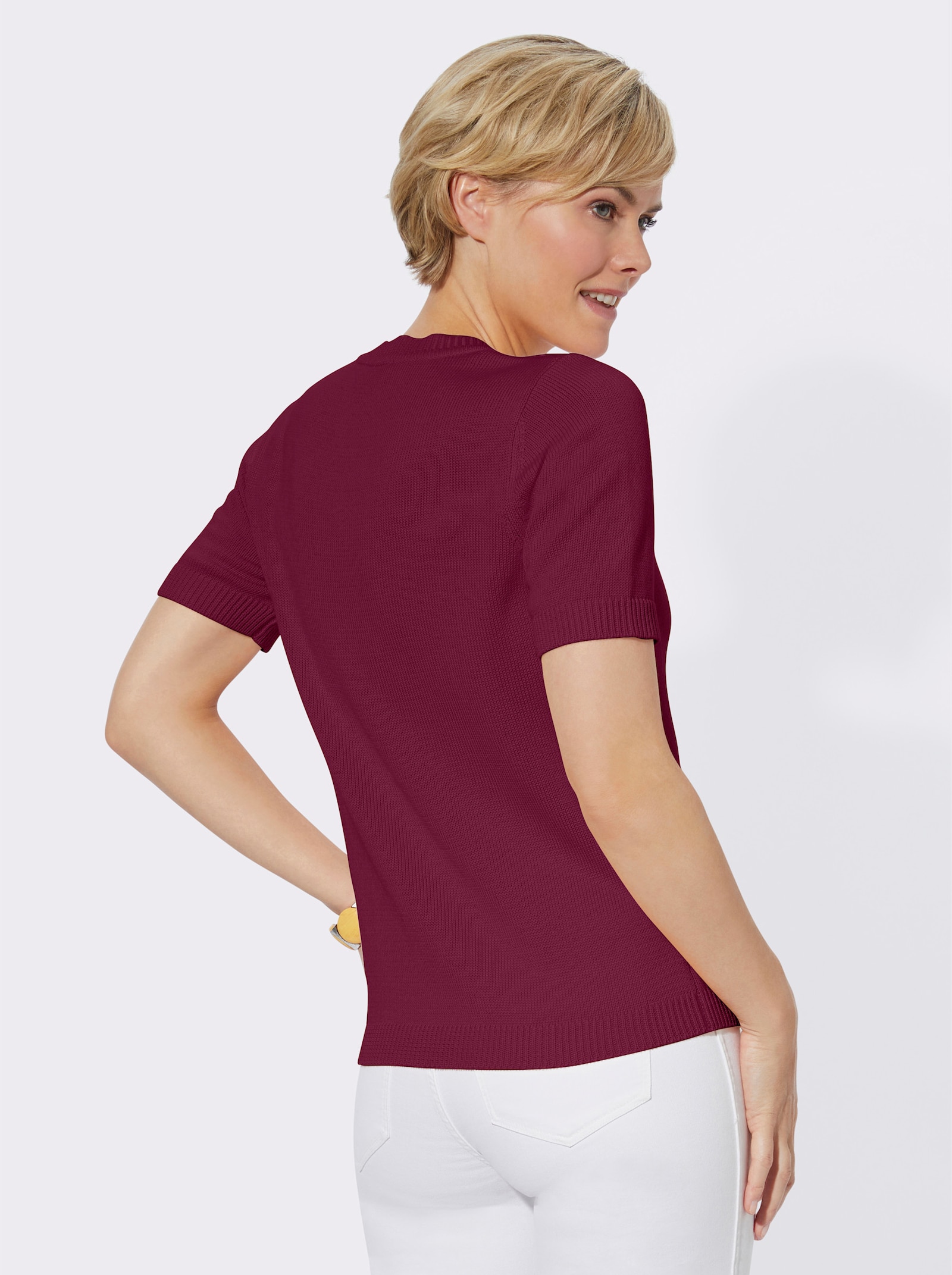 Kurzarmpullover mit Rippabschlüssen - fuchsia