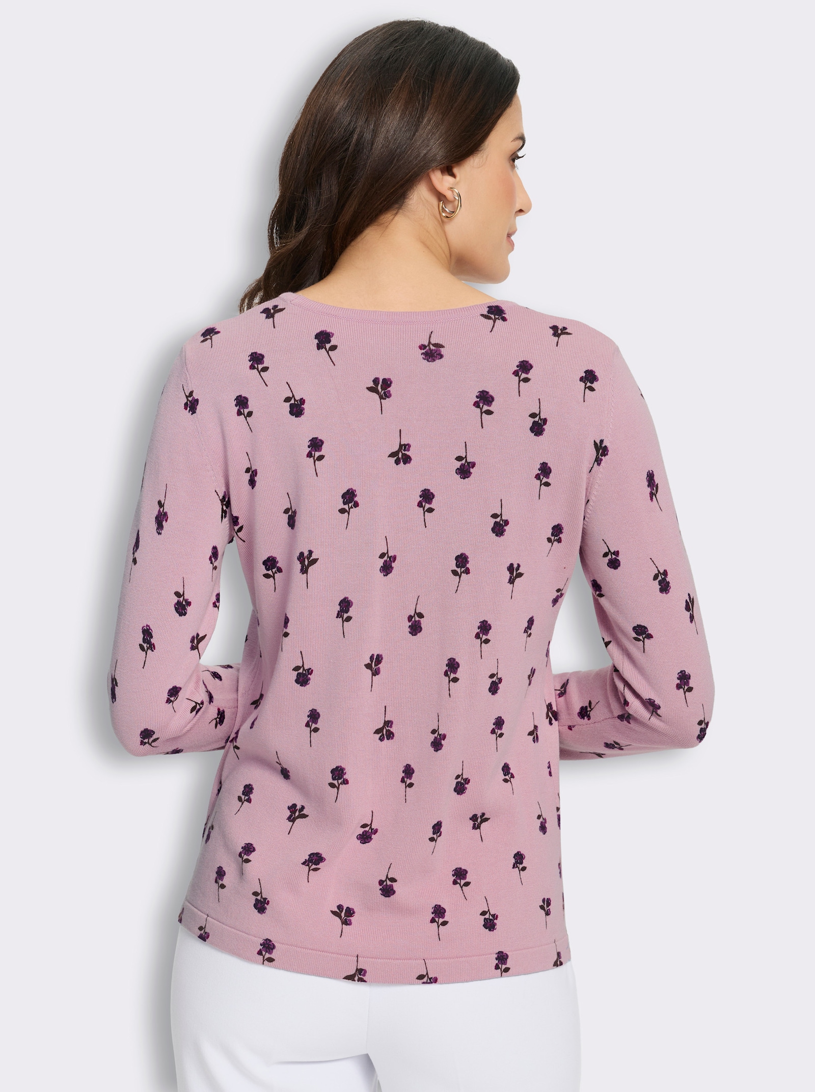 Feinstrickpullover mit Blumen-Dessin - rosé-bedruckt