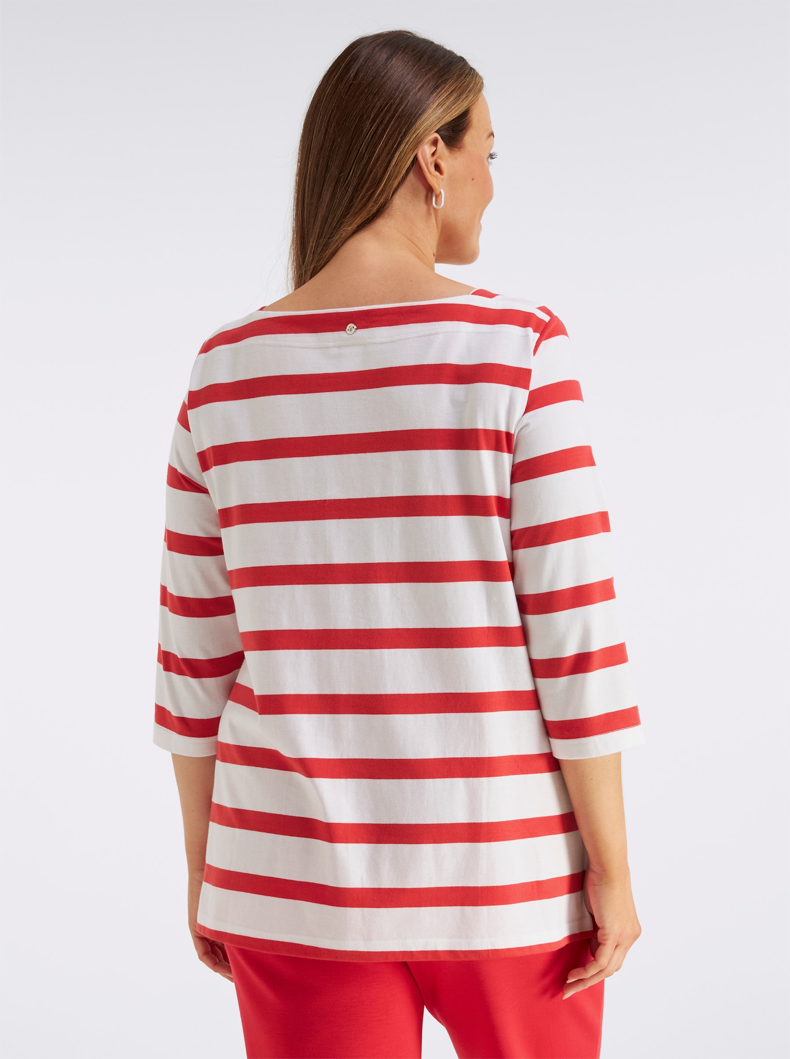 sheego 3/4-Arm-Shirt mit Ringeln und Front-Patches - weiß-erdbeere-geringelt