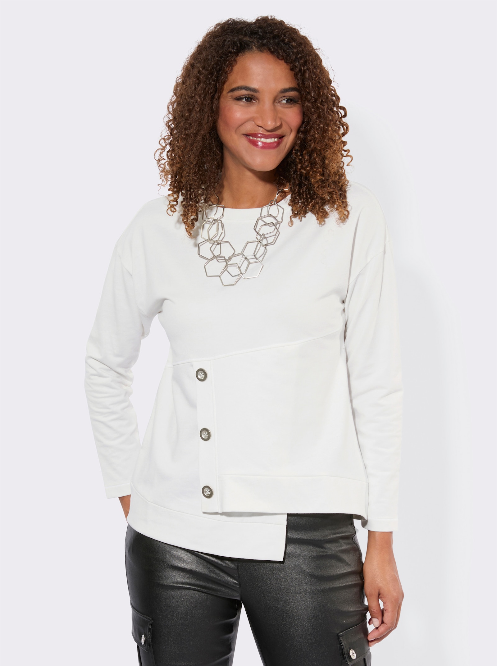 Sweatshirt mit Zierknöpfen vorne - ecru