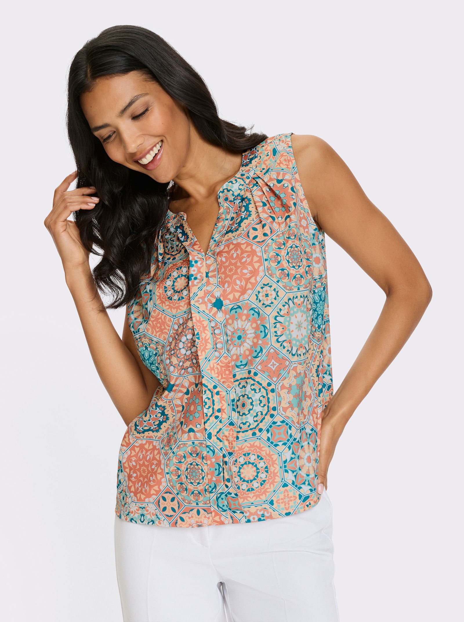 Blusentop im Mandala-Dessin - apricot-salbei-bedruckt