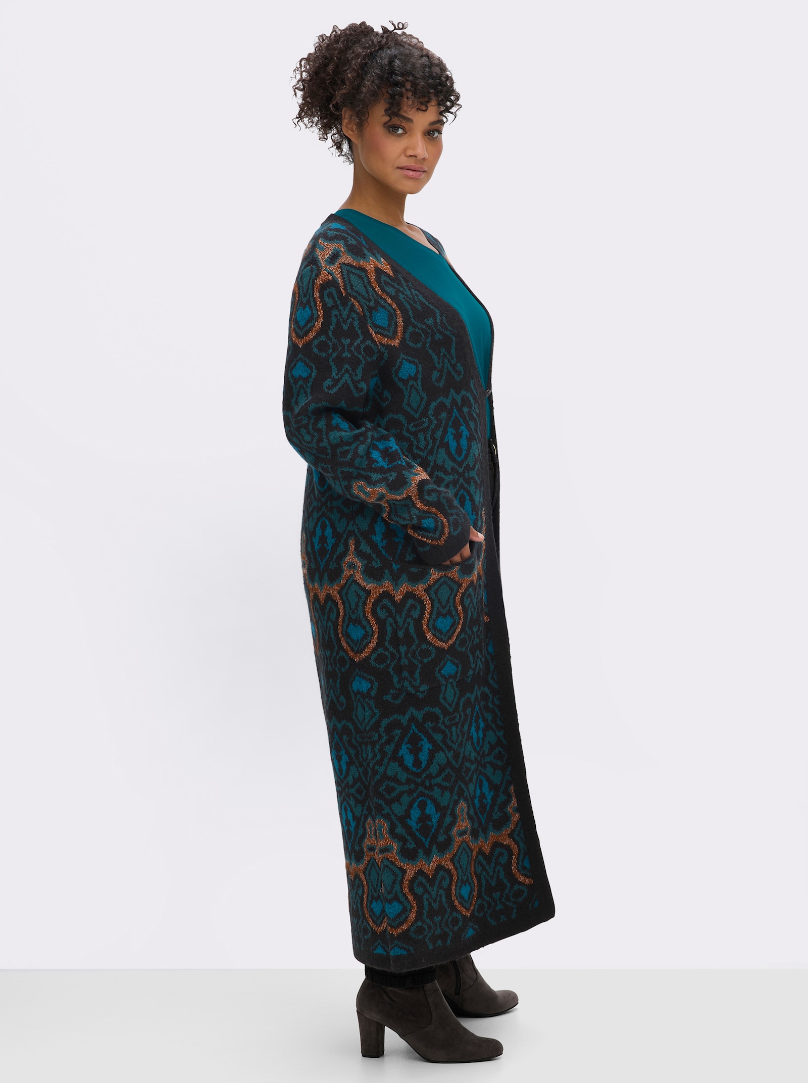 sheego Strickmantel mit Jacquard-Muster - petrol-jade-gemustert