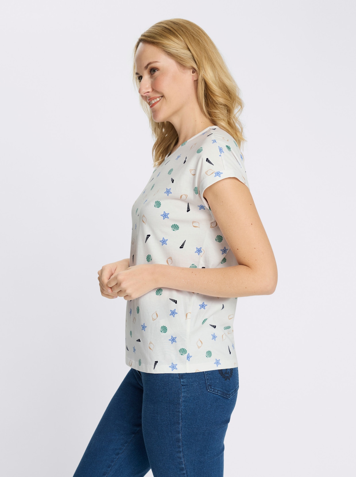 Rundhalsshirt mit maritimem Druckmuster - ecru-himmelblau-bedruckt