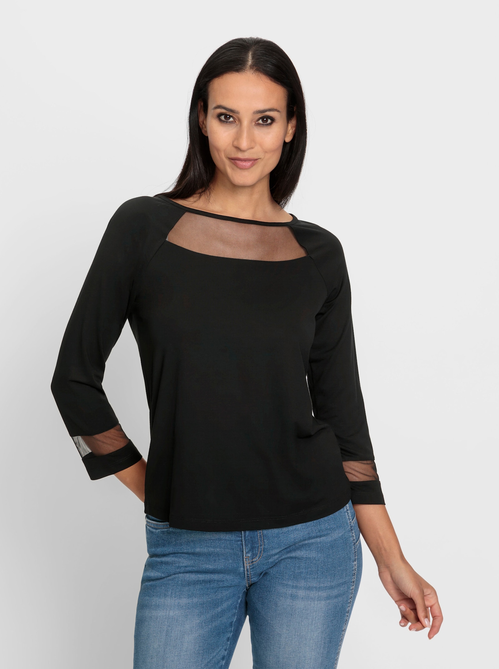 heine Shirt met ronde hals en transparante mesh-inzet - zwart