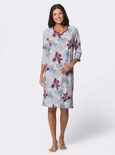 Nachthemd mit abgerundetem Rundhals-Ausschnitt - bordeaux-hellgrau-bedruckt