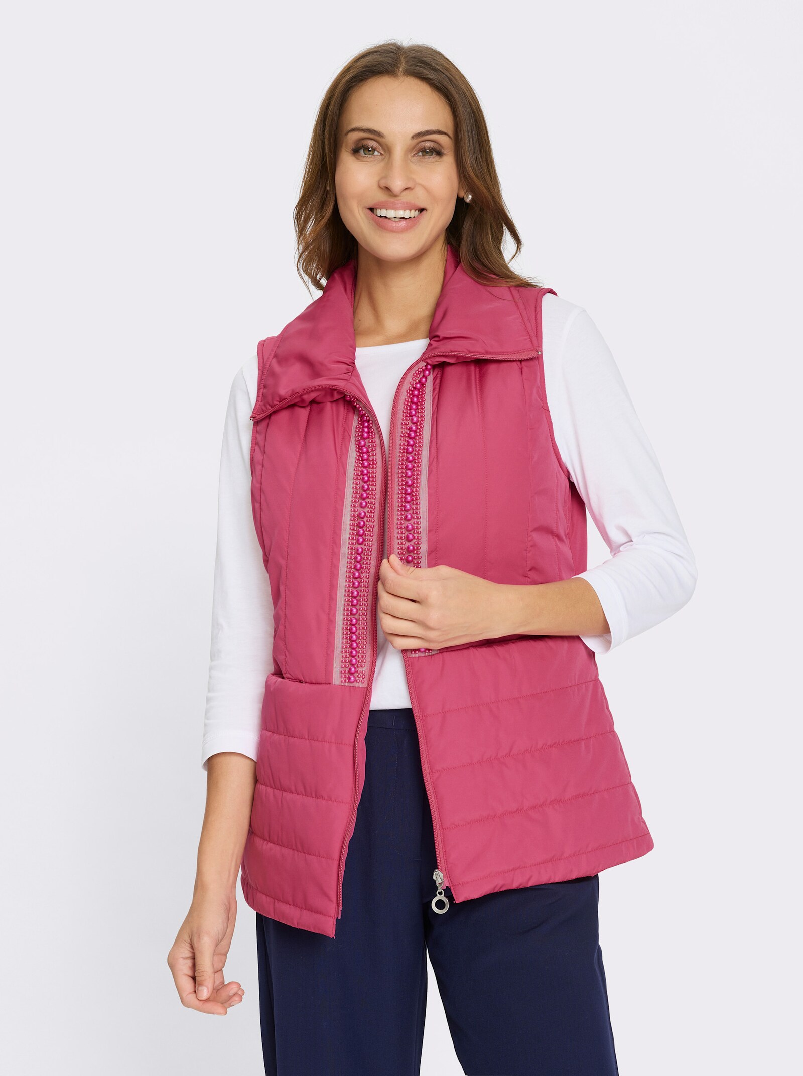 Steppweste mit Zierperlen am Reißverschluss - fuchsia